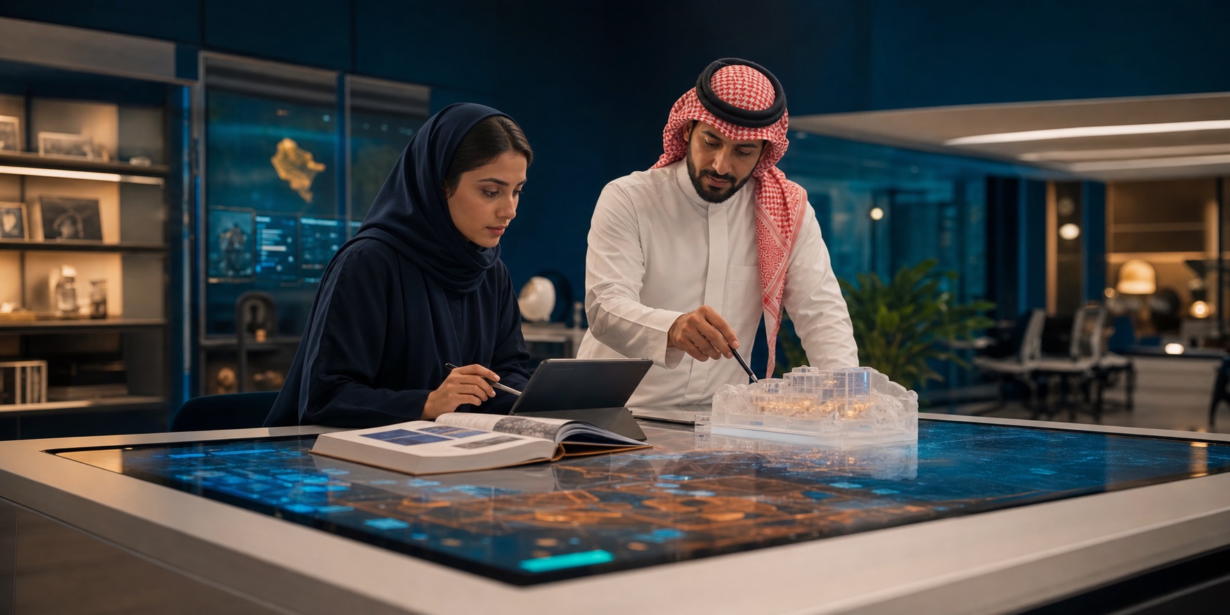 متعلمة ومدرب يستكشفان درسًا يجمع المحتوى الورقي والرقمي