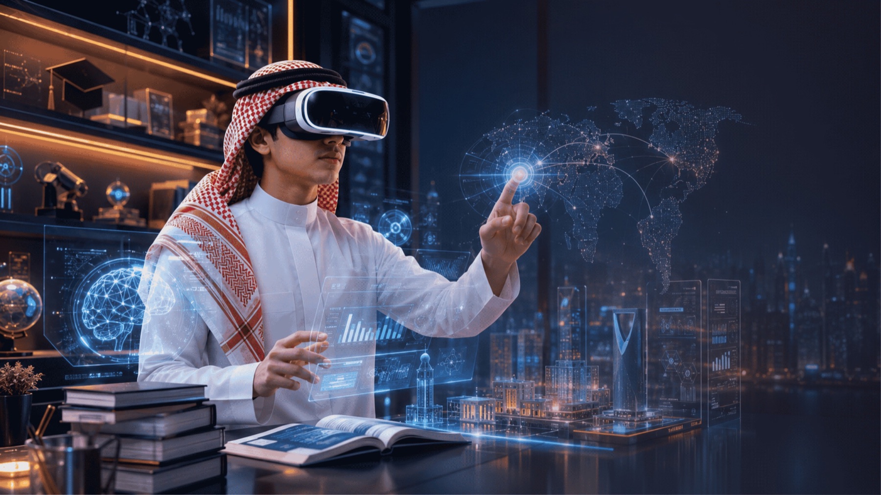 صورة مفاهيمية لمتعلّم داخل بيئة واقع افتراضي تعليمية غامرة
